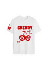 Women's Cute Cherry Print Round Neck Short Sleeve T-Shirt, Fashionable And Versatile Summer Top